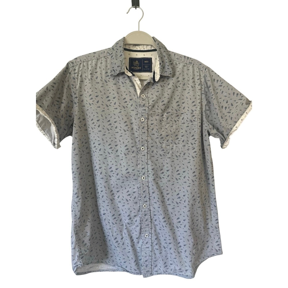 Rugby University Mens Blue‎ White Striped Leaf Print Cotton Button Down Shirt M
